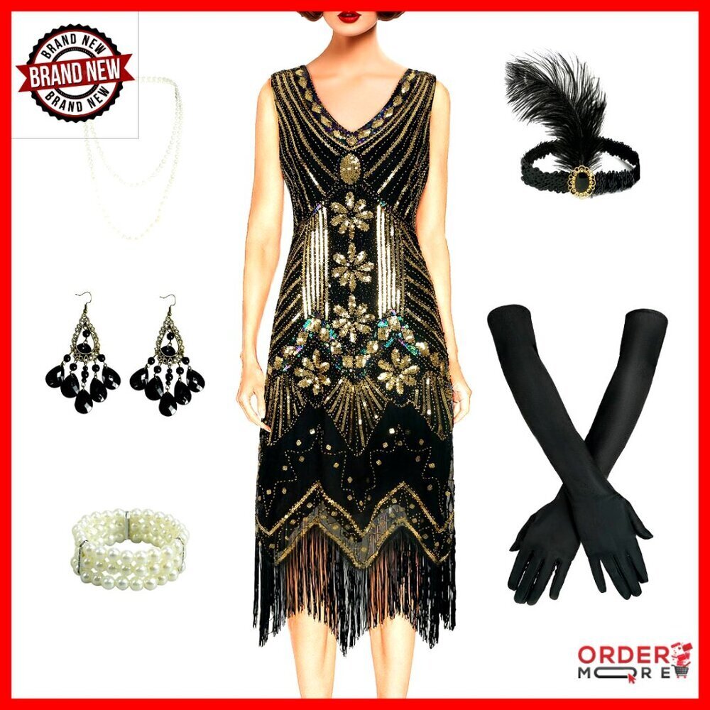 Vintage 1920s Flapper Dress with Accessories Set, Fringed Lace Gatsby